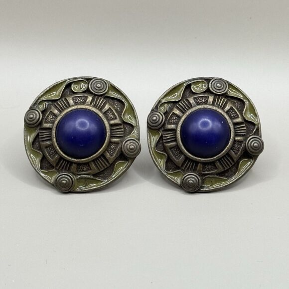 VTG Art Deco Geometric Clipon Earrings Round Abstract Blue Cabochon Enamel Golan - Picture 1 of 6